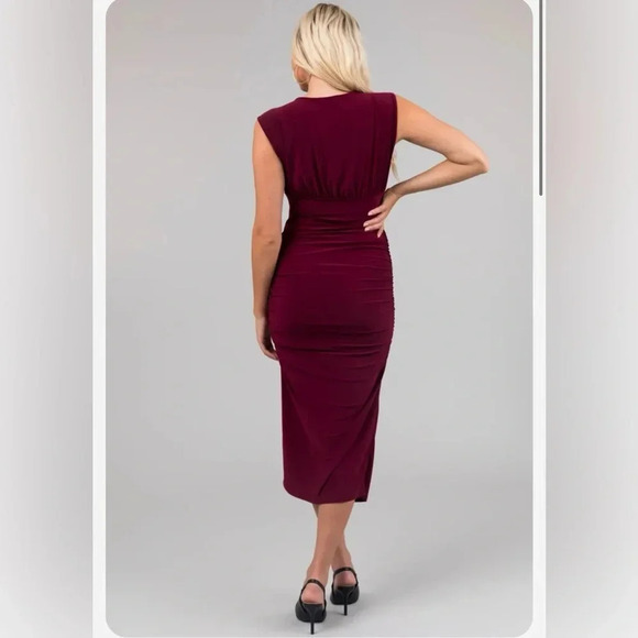 Timing Dark Boysenberry Bodycon Midi Dress - Size Medium - NWT - Deep V Neck - Picture 2 of 11